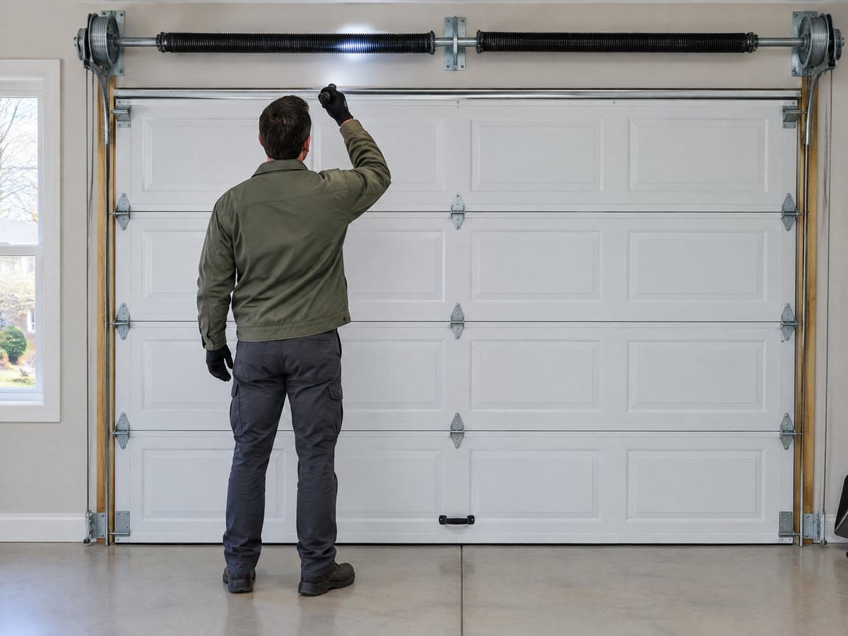 A garage door technician seen from behind checking the torsion spring above a closed door.