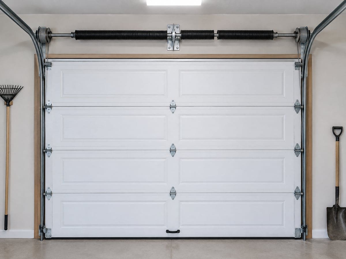 Garage door spring repair needed: a torsion spring broken in one place on its shaft above a closed white door.