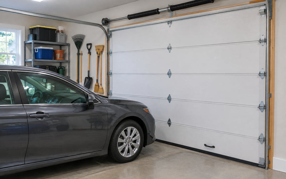 A car shut inside behind a closed garage door, a reason to call for emergency garage door repair.