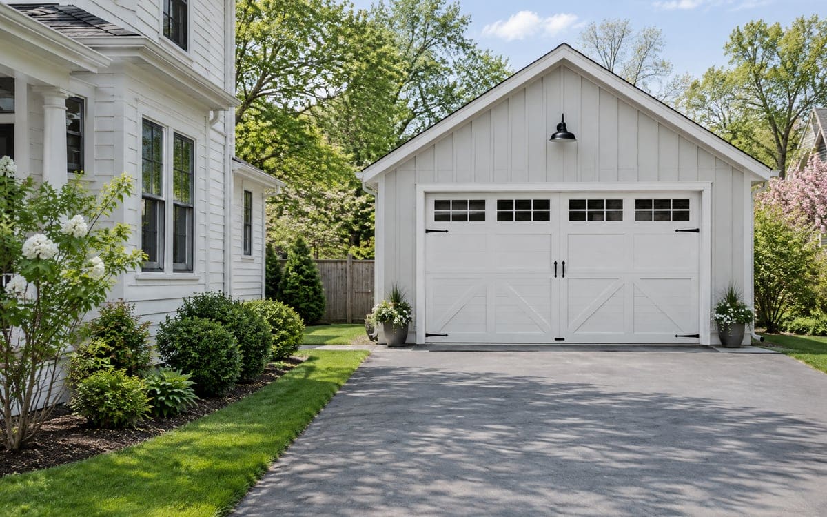 Another historic district garage door choice: a white composite overlay door with applied trim on a newer garage behind an older house.