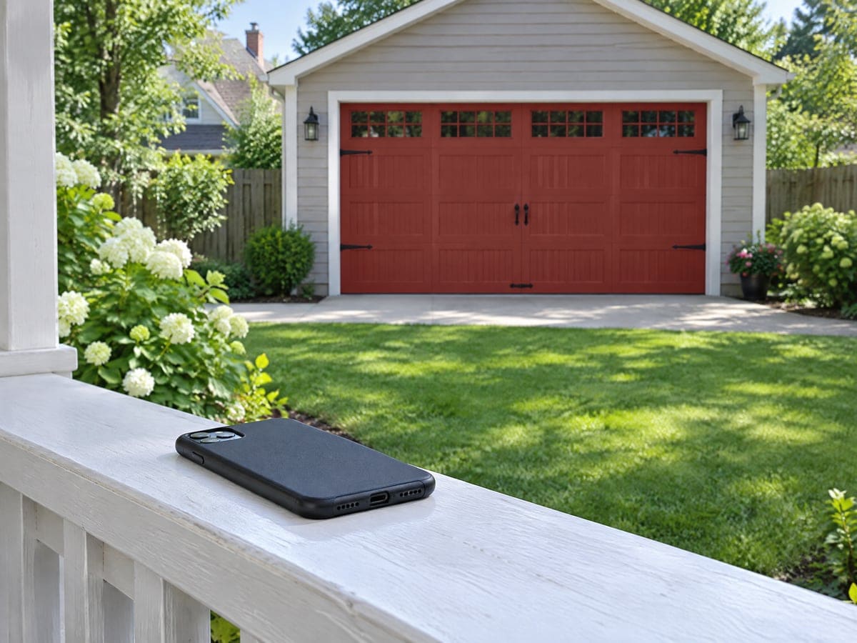 A phone face down on a porch railing with a detached garage and its red door across the yard.