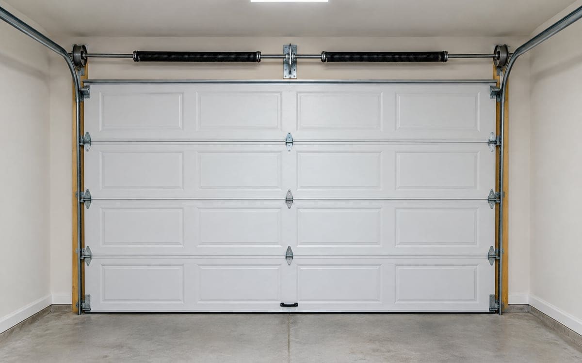 Torsion springs level on their shaft above a closed white door, the parts garage door spring repair works on.