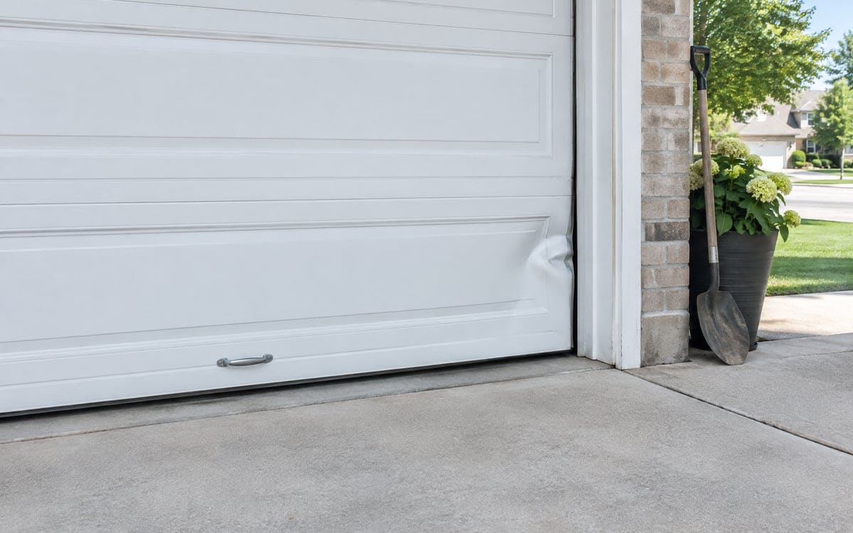 The bottom corner of a door bent out at the edge beside the jamb, seen from outside, one sign of a garage door off track.