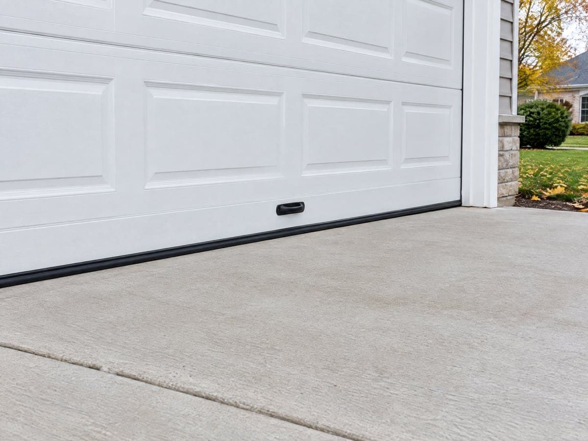 Garage door bottom seal replacement: a new rubber seal meeting the apron evenly under a white door.