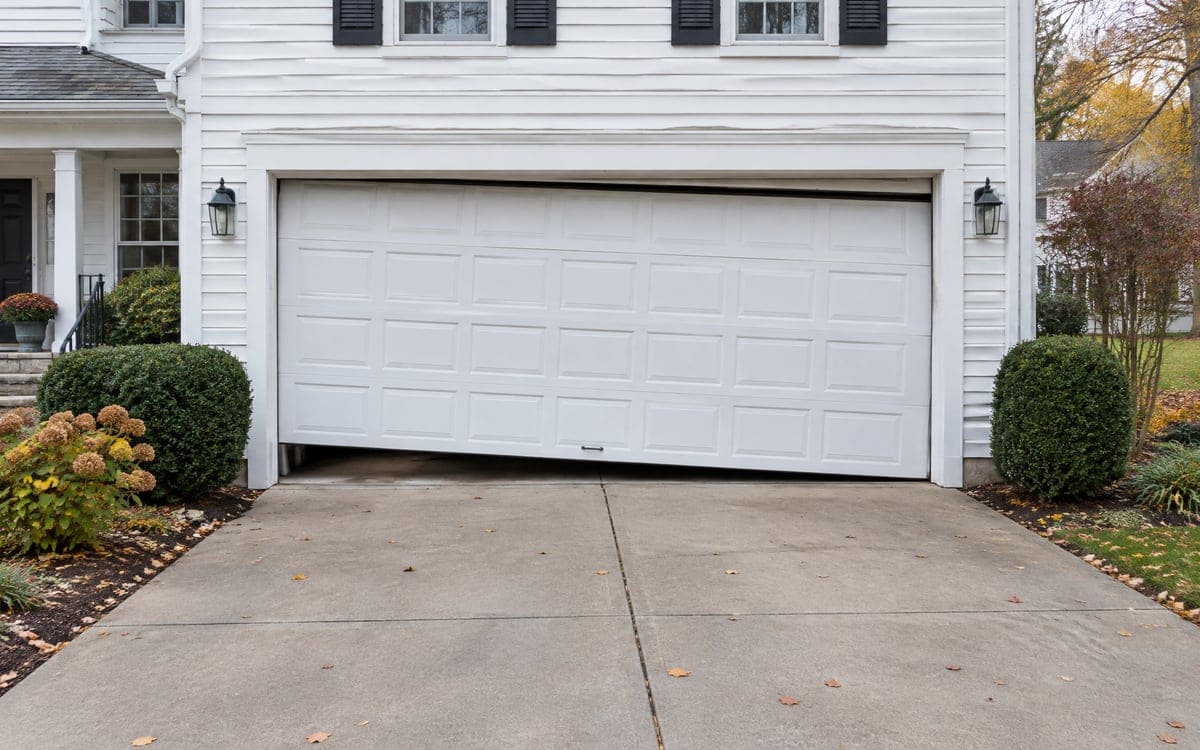 A two-car door sitting lower on one side of its opening on an older white house, the way a door hangs when a lift cable goes slack.