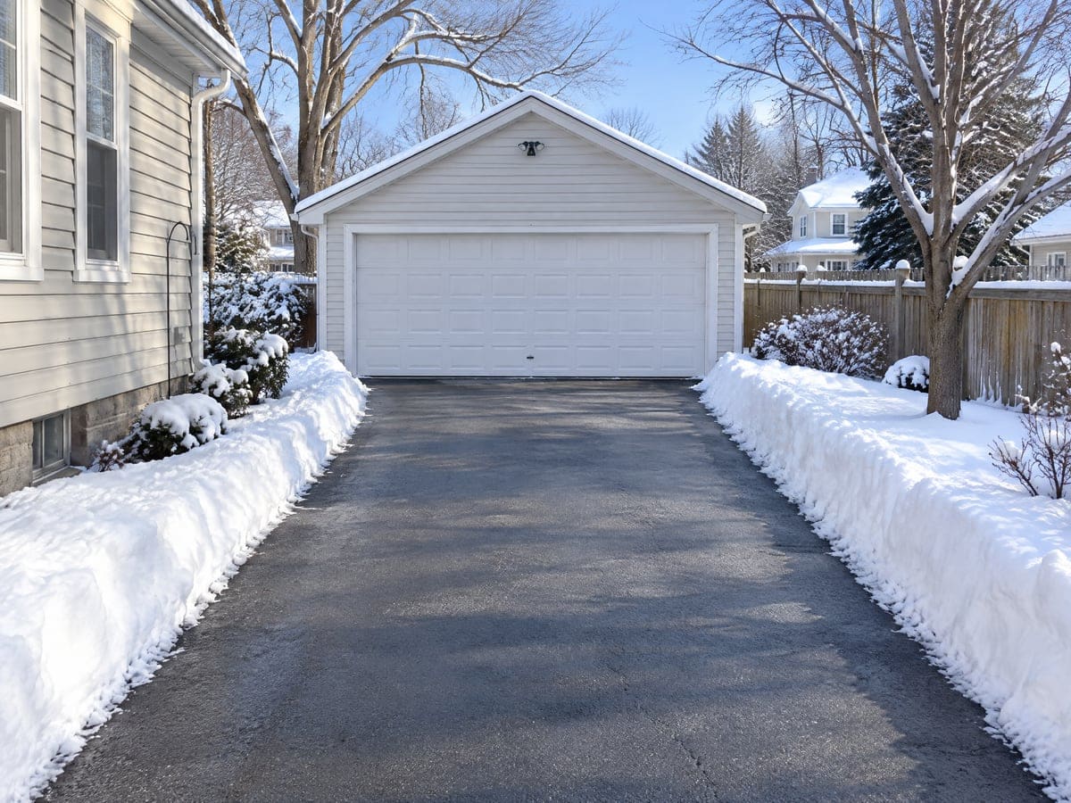 A shoveled driveway running straight up to a detached garage behind an older house on a winter morning, the kind of garage these garage door guides cover.