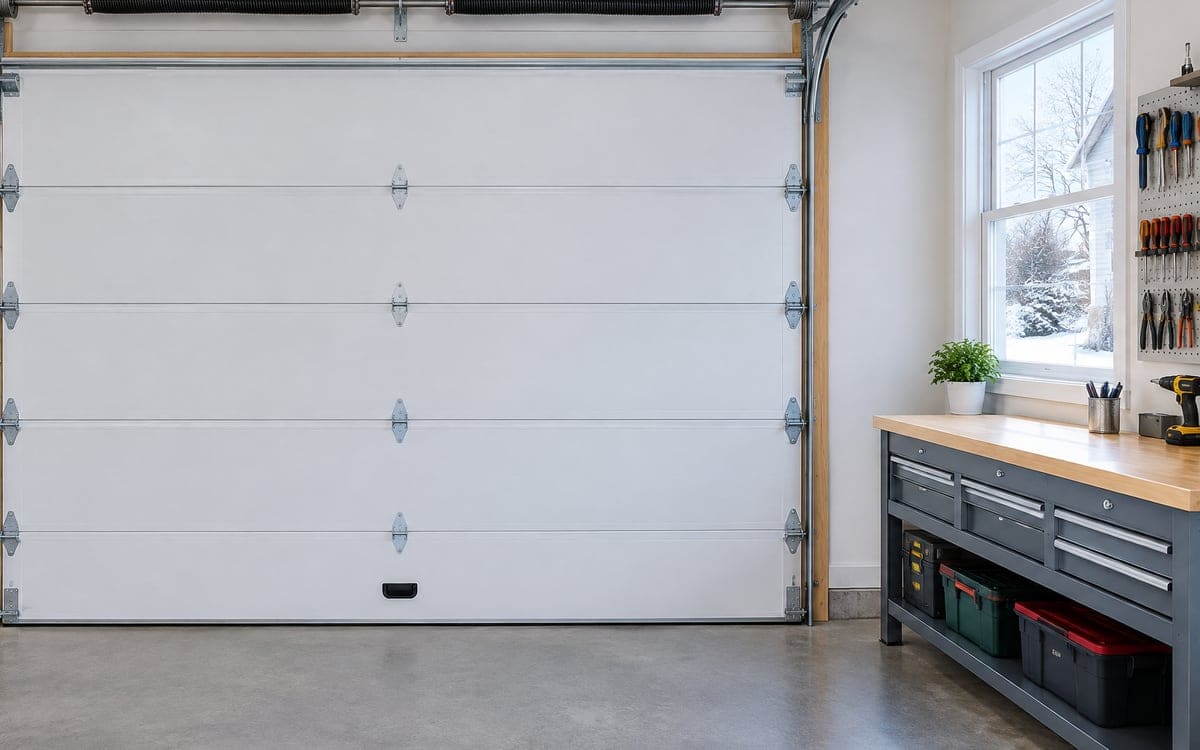 Garage door insulation: the smooth inner skin of an insulated white steel door inside a detached garage in winter.