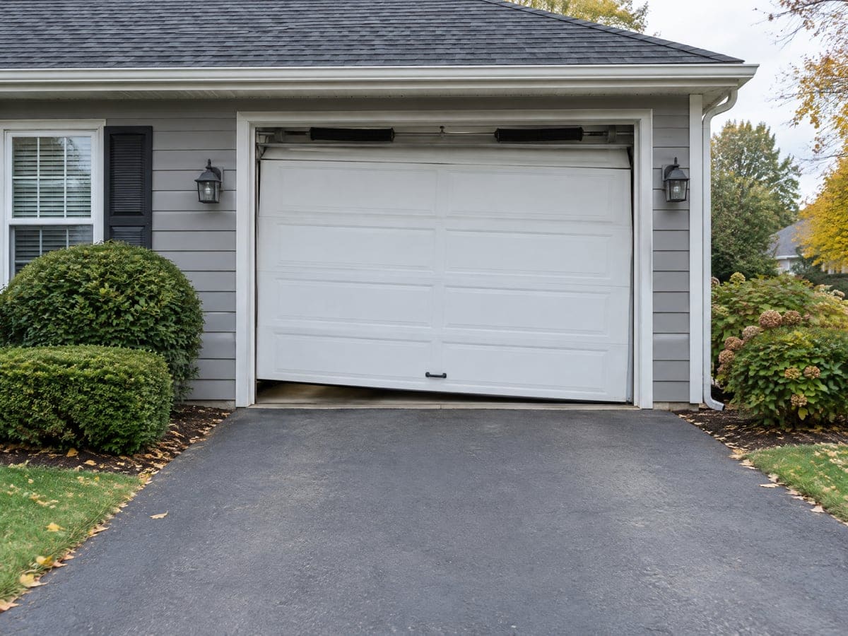 A garage door off track: a white single-car door hanging crooked in its opening, a wedge of floor showing under one side.