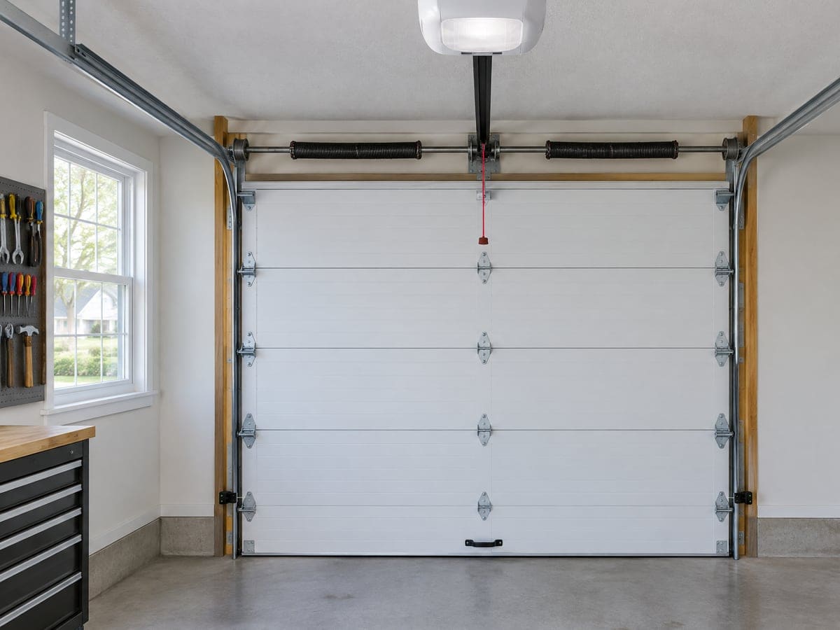 Garage door opener installation: a new opener on the garage ceiling with its rail centered over a white door.