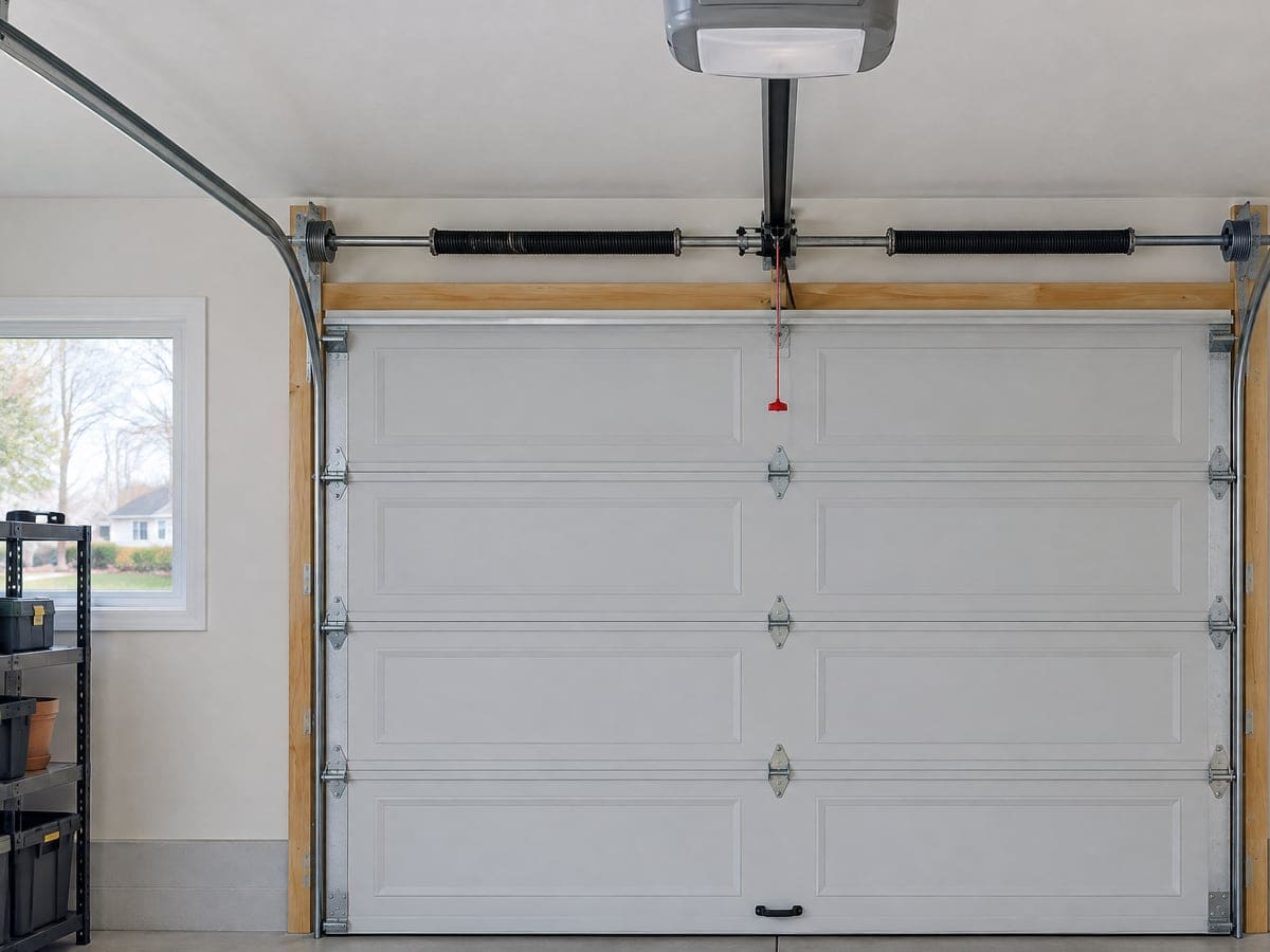 Garage door opener repair: a ceiling opener centered over a white door, its rail and red release cord running to the top section.