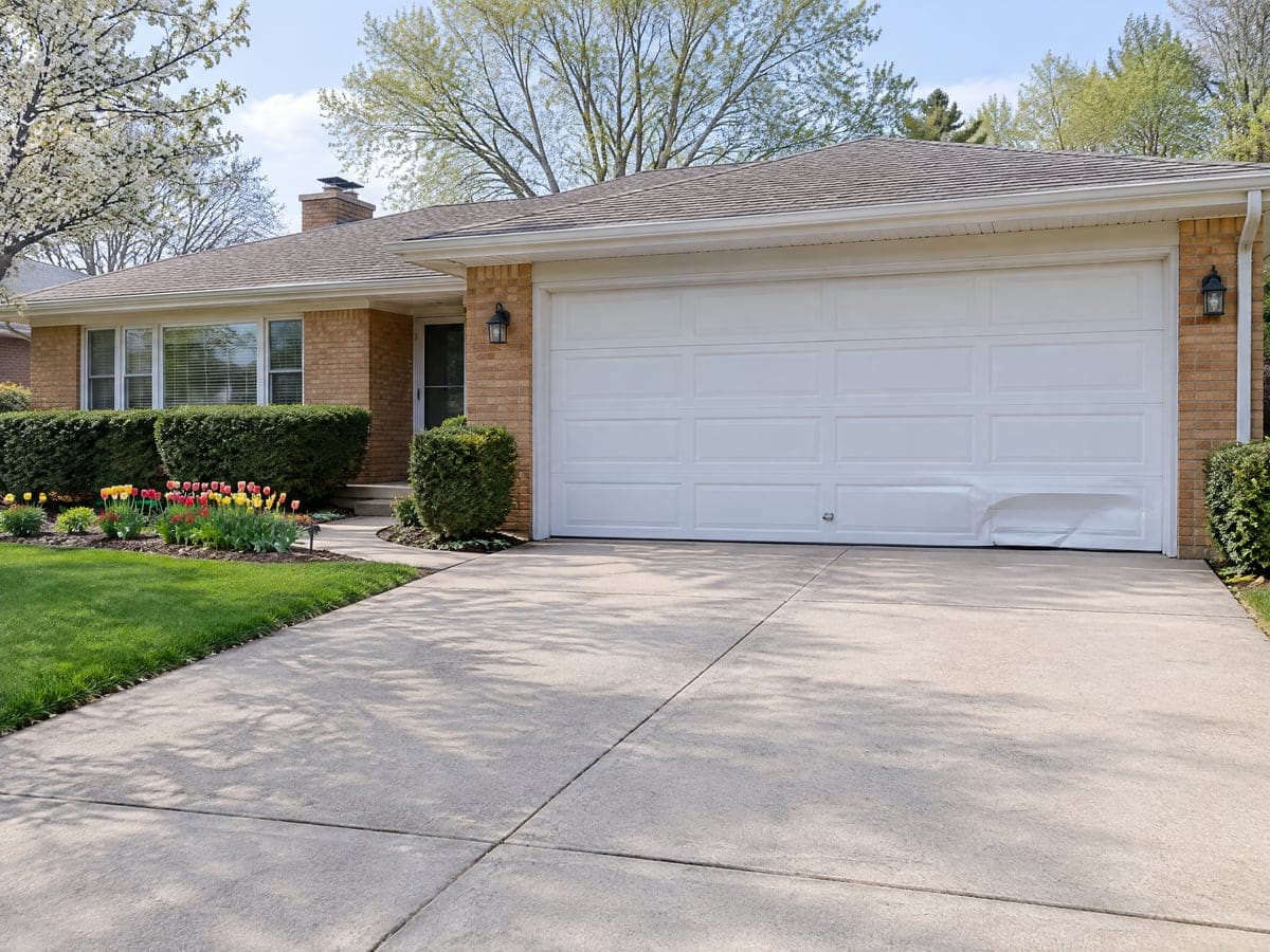 Garage door panel replacement: a white two-car door with a creased dent in its bottom section on a brick ranch.