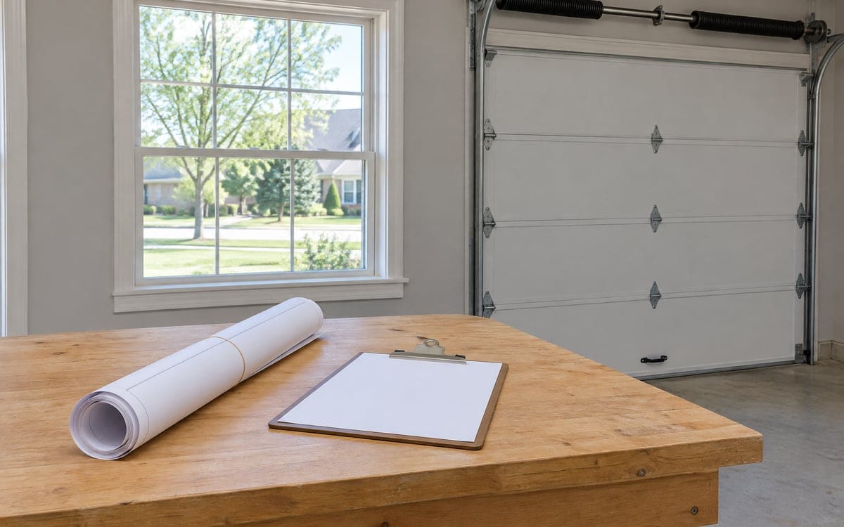 Blank plans and a clipboard on a garage workbench, the paperwork behind garage door permit questions.