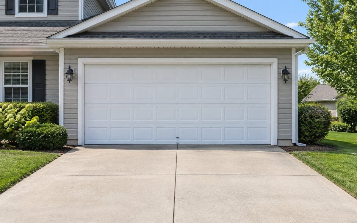 Garage door permit questions in Barrington: a new white two-car garage door on an older house.