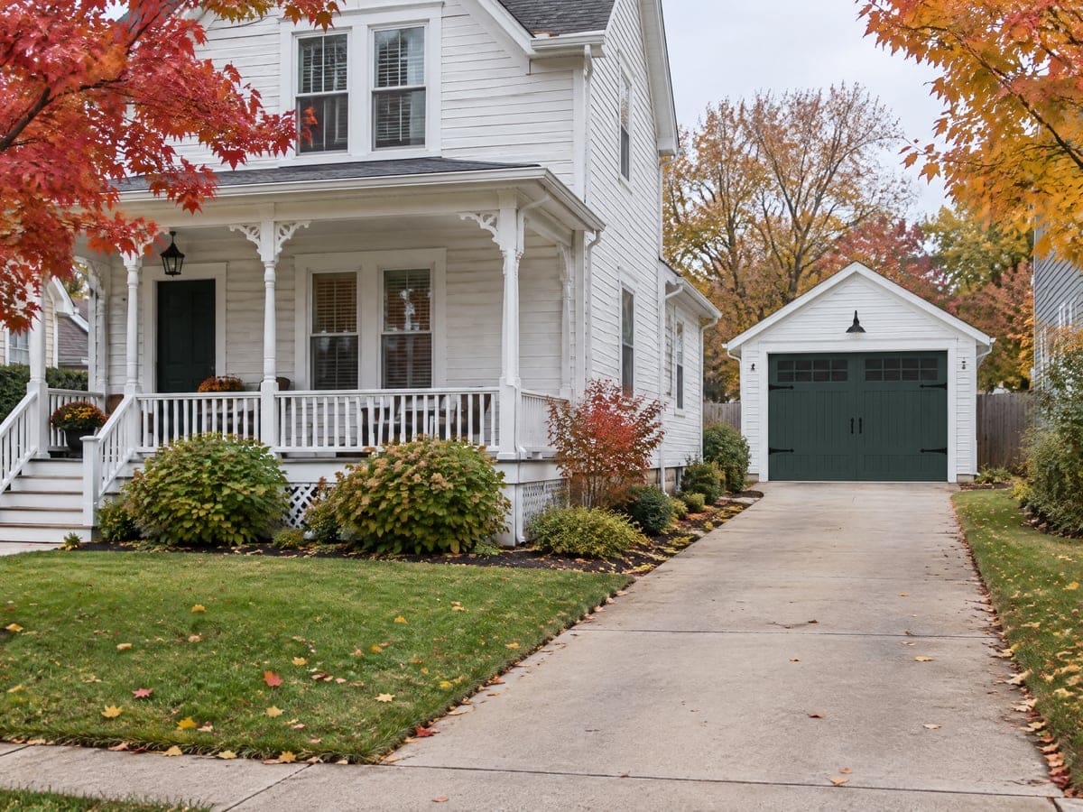 Garage door repair on a detached garage with a green carriage-house style door behind a white clapboard house.