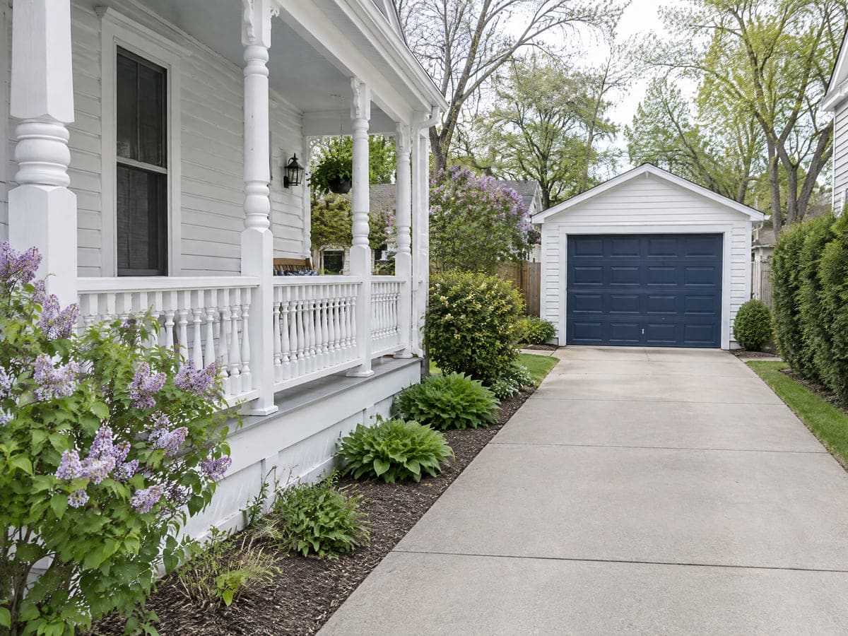 A detached garage with a dark blue raised-panel door behind a white frame house with a side porch.