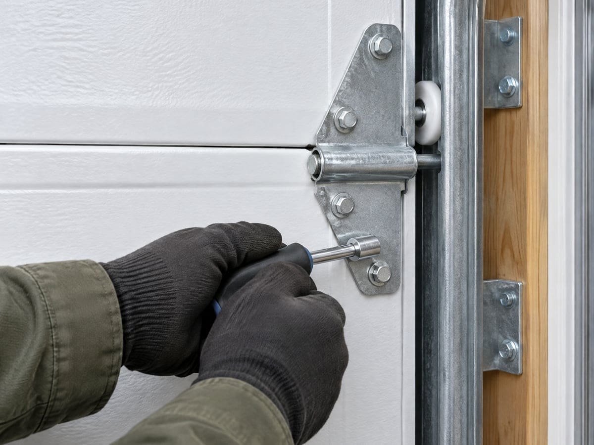 Garage door repair: gloved hands tightening a hinge bolt beside a roller in its track on a white steel door.