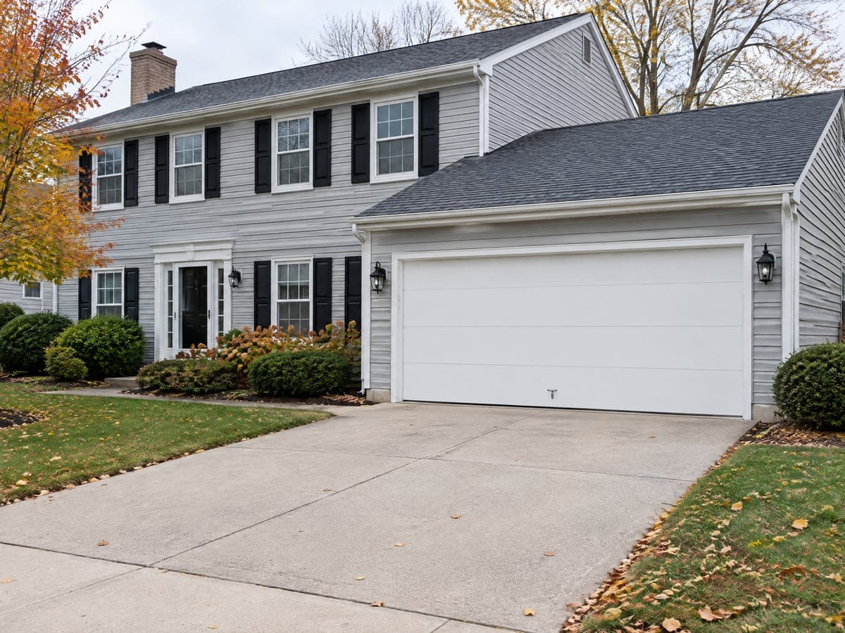 Garage door replacement finished: a new white flush two-car door on a gray two-story colonial.