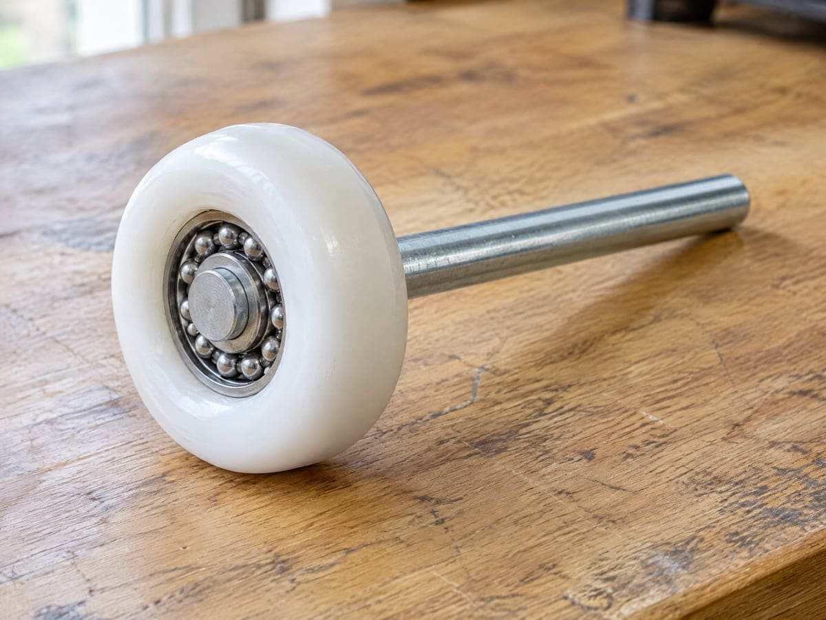 Garage door roller repair part: a new white nylon roller with steel ball bearings on its straight stem, lying on a workbench.