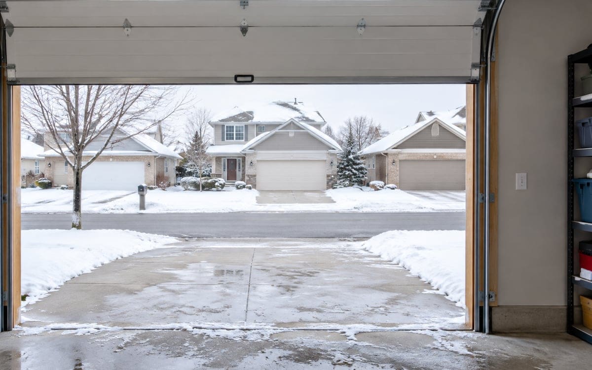 Garage door rust from road salt, Barrington: slush and dried de-icer at the threshold of a garage.