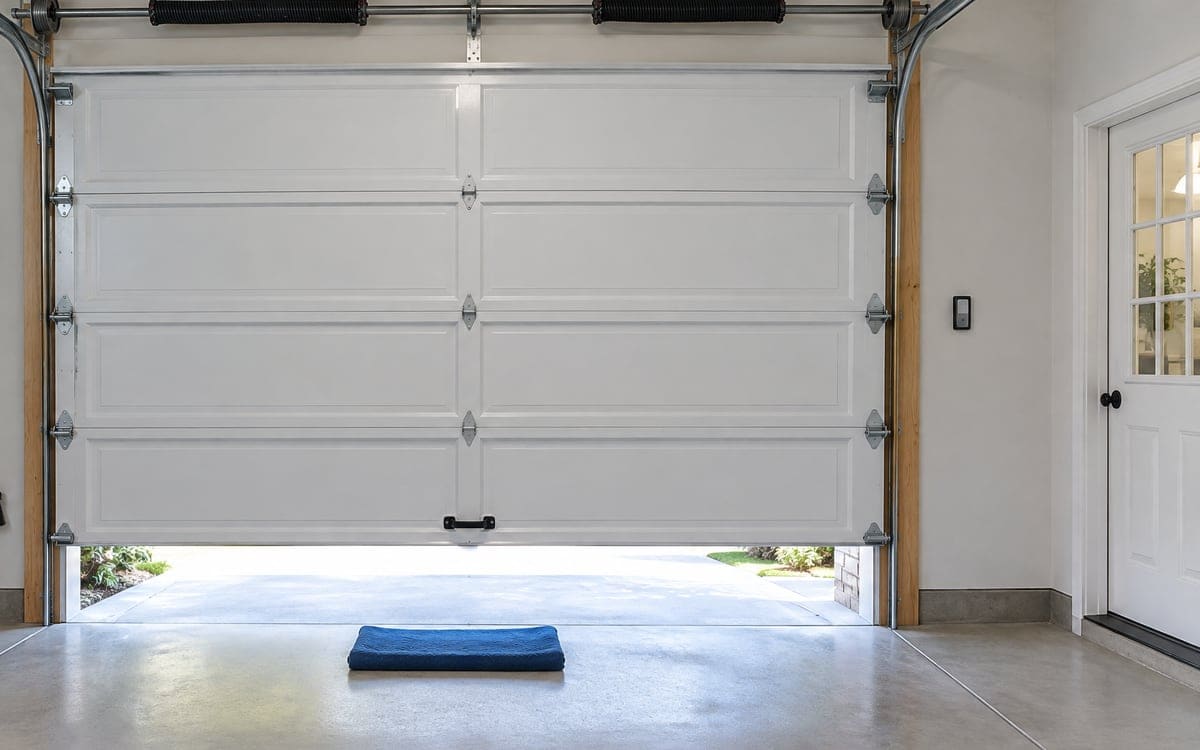 A Barrington garage door safety check: a folded towel under a door partway down, the wall control nearby.