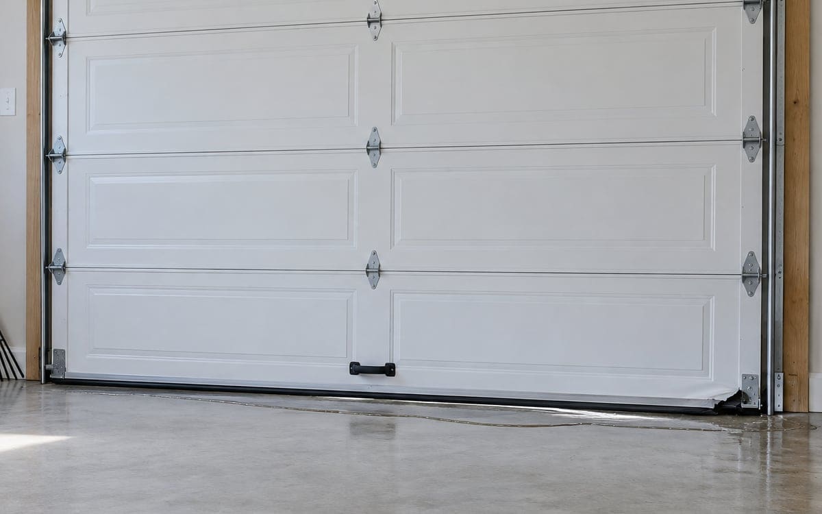 A closed white door seen from inside, its garage door bottom seal resting on the concrete floor.