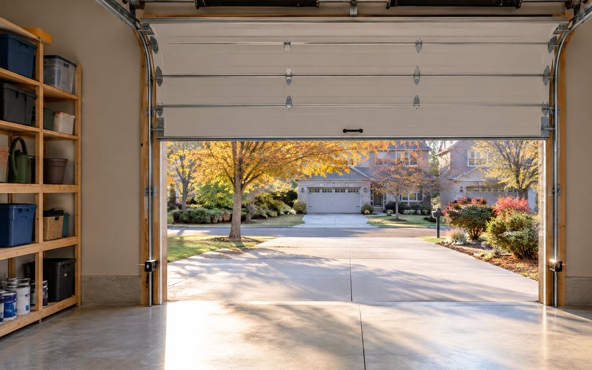 Low afternoon sun shining straight into an open garage, the kind of light that can confuse a photo-eye sensor.