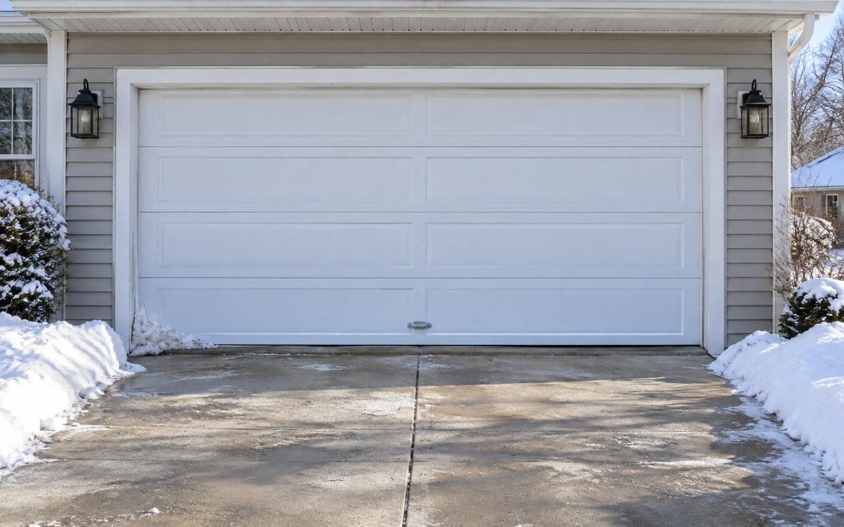 Snow banked beside a closed white two-car door on a cleared driveway, the kind of morning a garage door won't open.