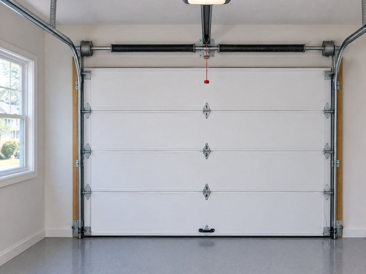 Garage door service: the inside of a closed two-car door with its torsion spring, cable drums, tracks and opener rail.