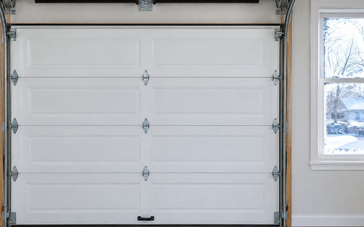 An intact garage door spring on its shaft above a closed door on a frosty morning.