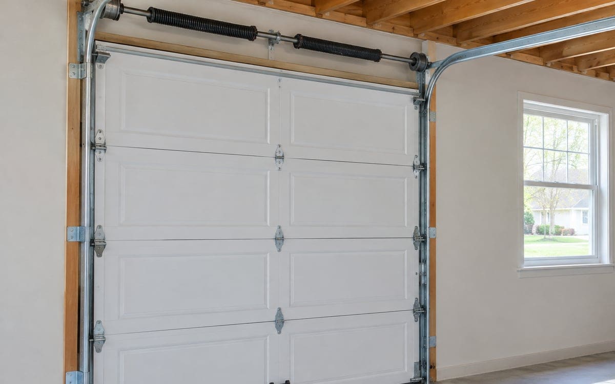 A horizontal garage door track running back under open ceiling joists to its rear hanger.
