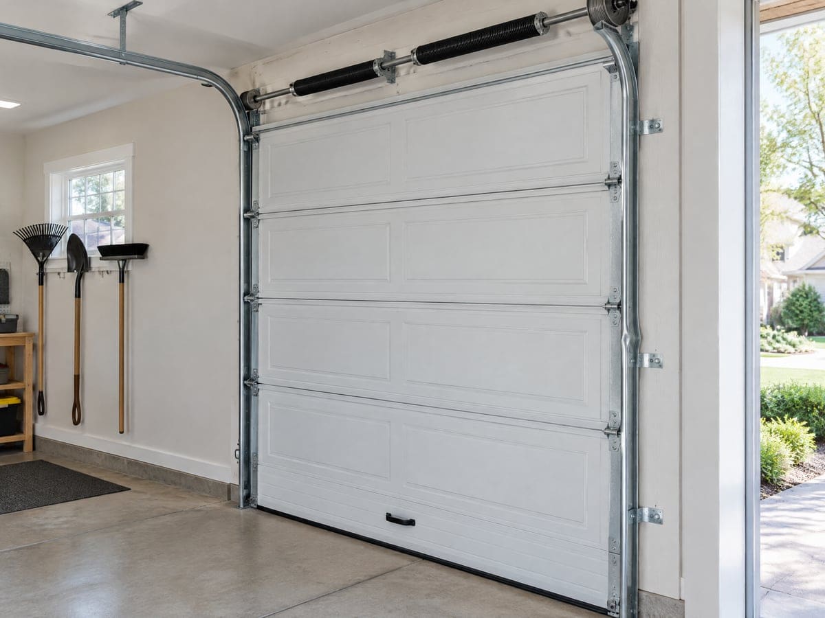 Garage door track repair: the vertical tracks and torsion spring of a single door in a tidy older garage.