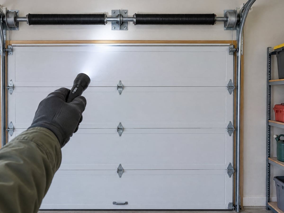 A gloved hand shining a flashlight on the torsion springs above a closed door during a garage door tune up.