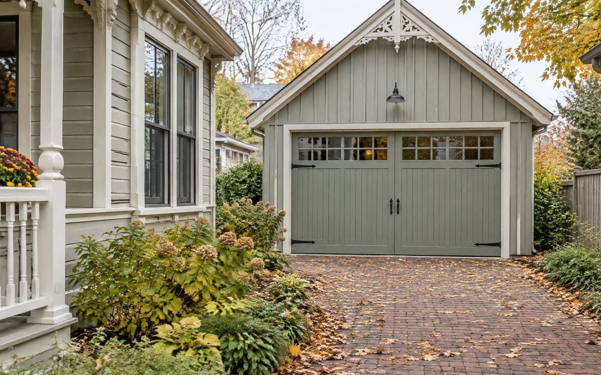 A historic district garage door style: a painted wood carriage-house door with divided-lite windows on a garage behind a Victorian house.