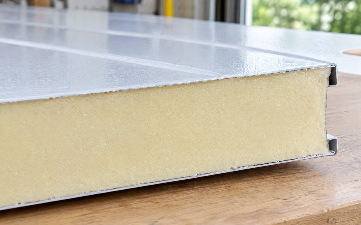 The foam core between two steel skins in a section used for garage door insulation.