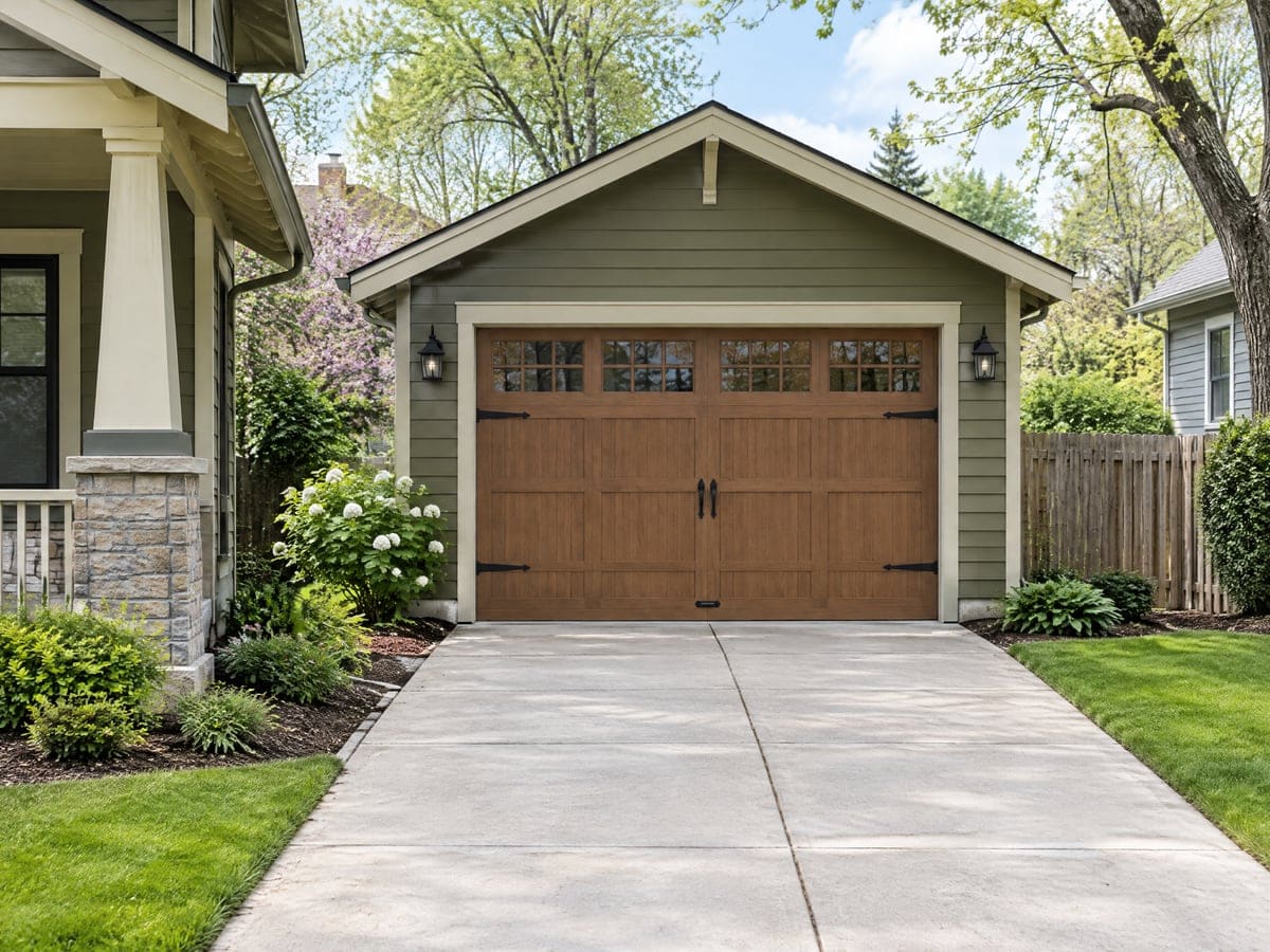 Garage door installation: a new wood-tone carriage-house door with divided-lite windows on a Craftsman-style garage.
