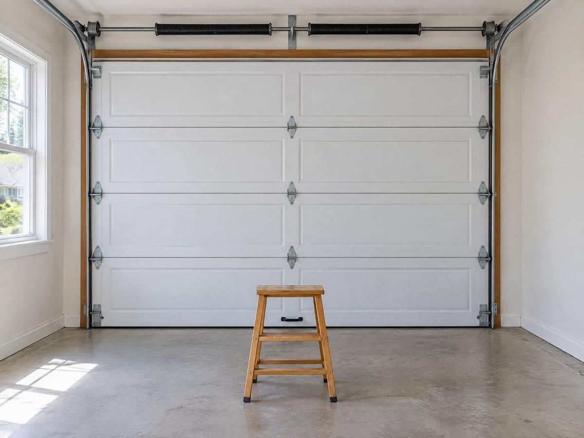 A wooden step stool in front of a closed white door, its springs on the shaft above, set up for noisy garage door repair.