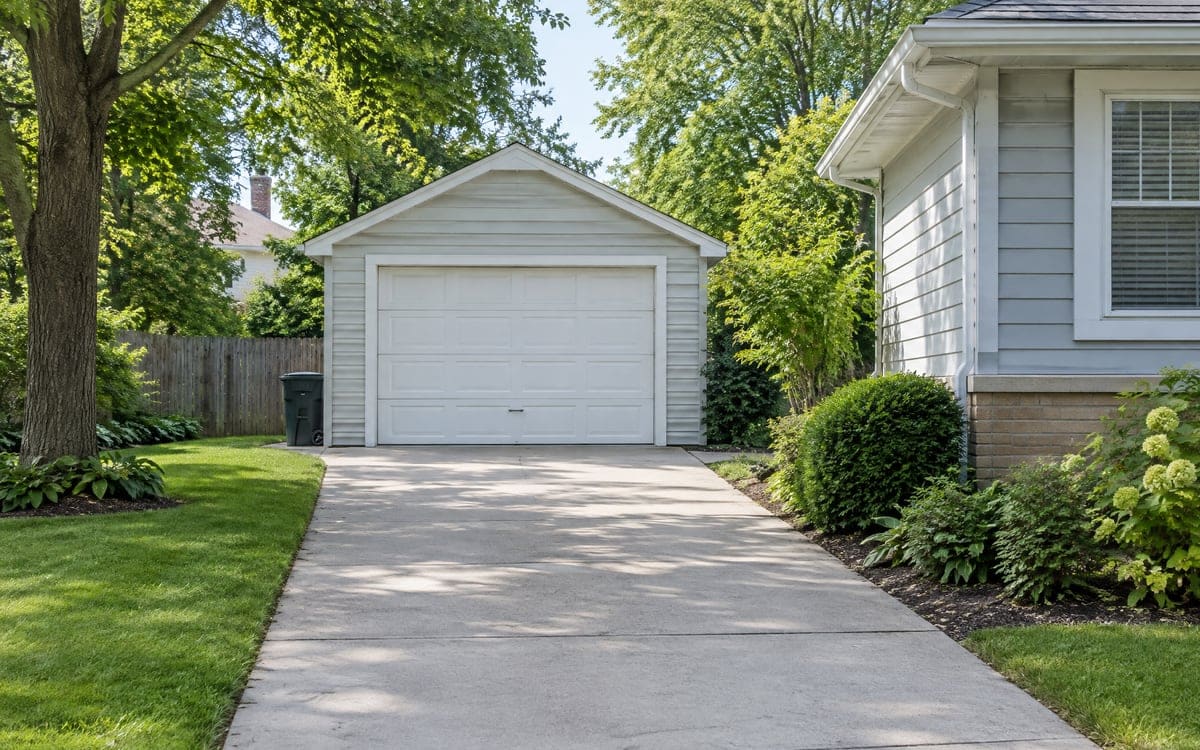 An older detached garage with a white door at the end of a long driveway, the kind of garage door repair older houses need.