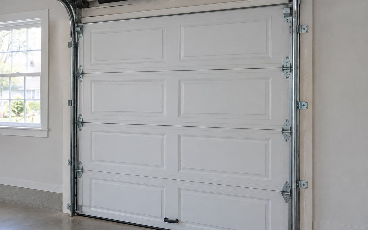 A garage door track fastened to an old wood jamb in a detached garage, typical of older home garage door repair.