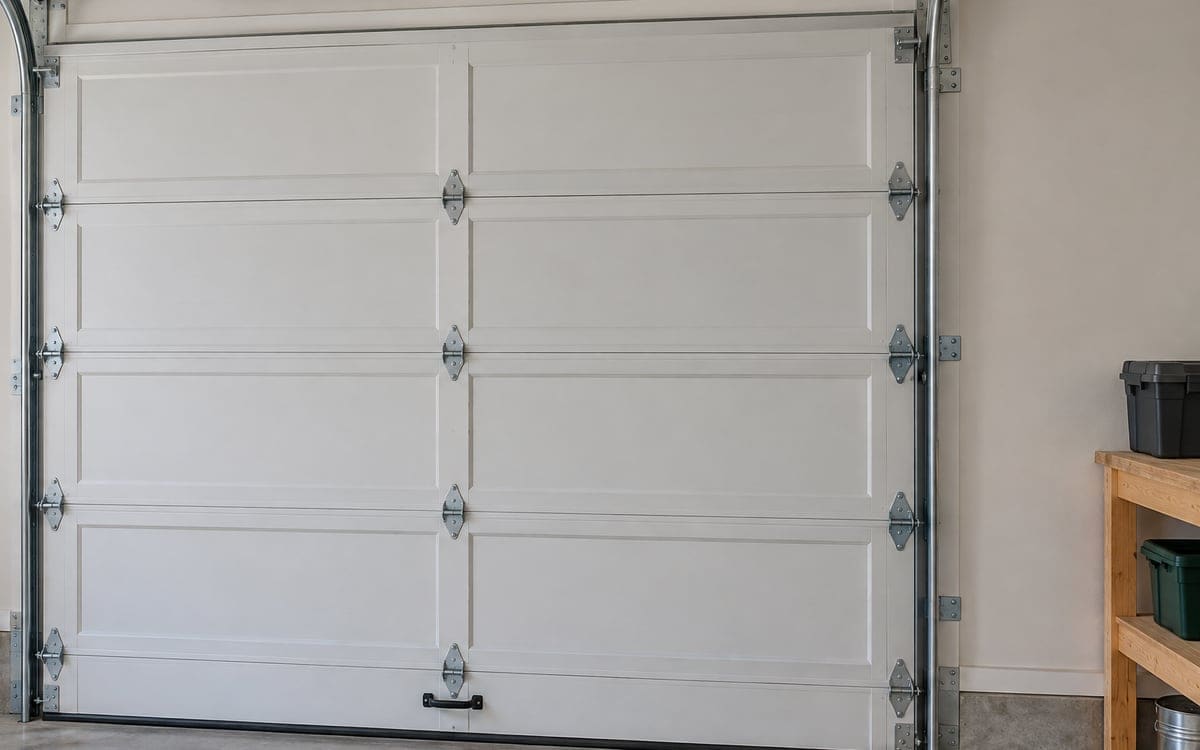 The inside of a sectional door with its hinges, rollers and torsion springs, the parts behind a noisy garage door.