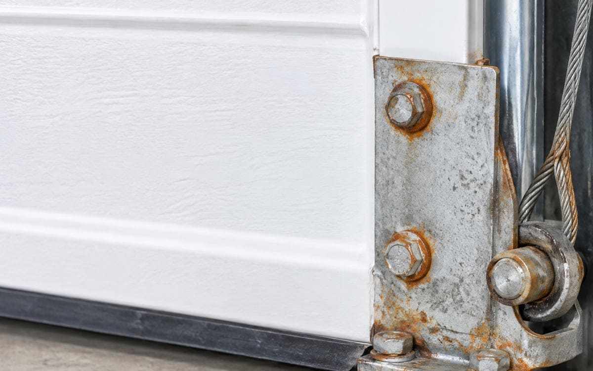 Garage door rust on a bottom bracket and lift cable at the lower corner of a white door.