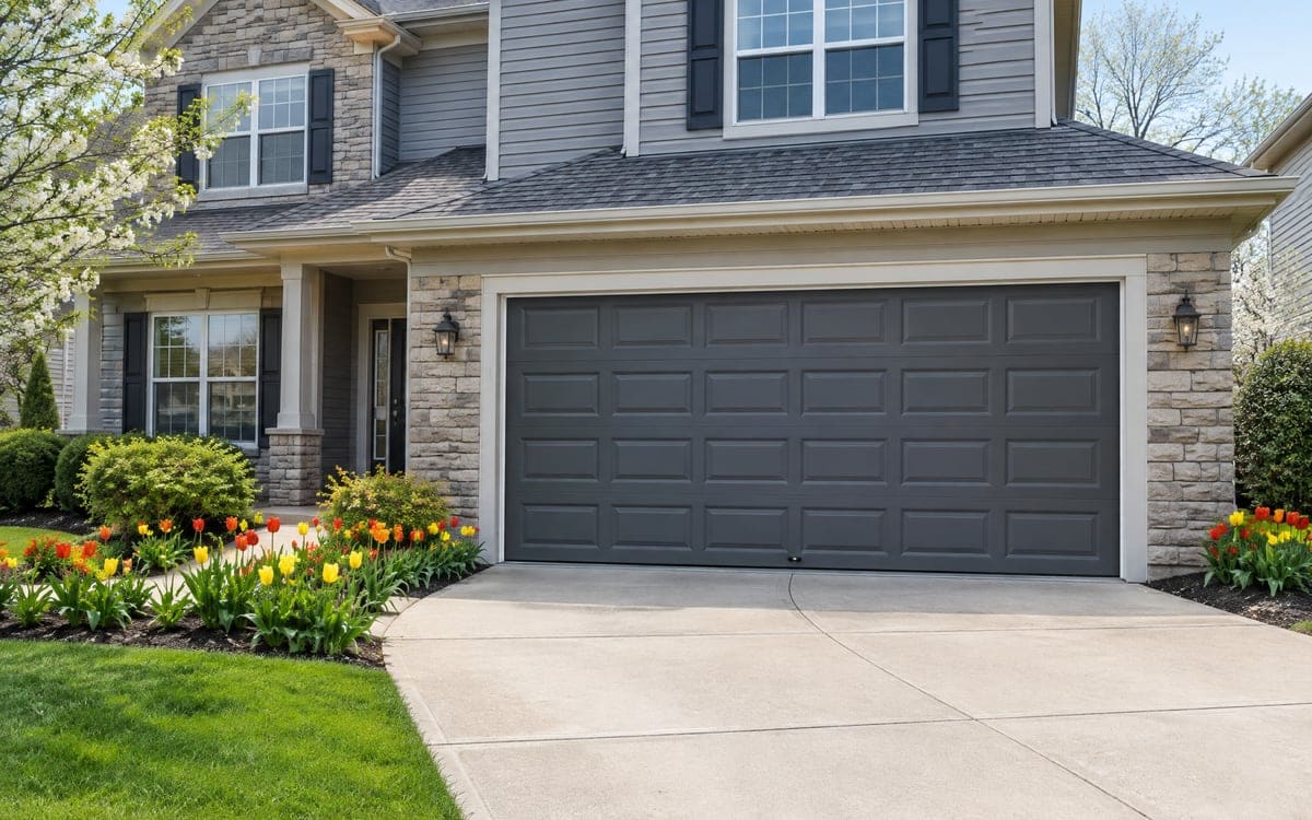 A charcoal two-car door with tulips by the driveway, time for the spring garage door safety check.