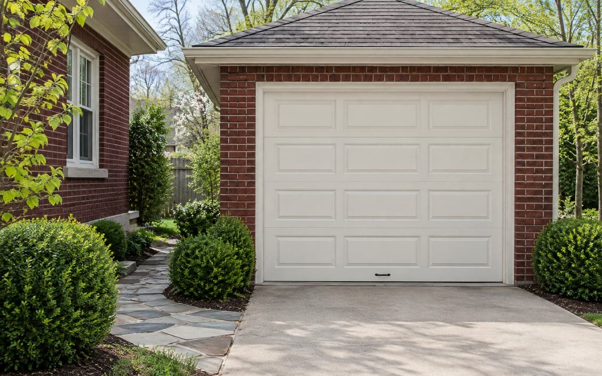 Garage door service on older houses includes painted wood doors like this cream raised-panel one on a brick garage.